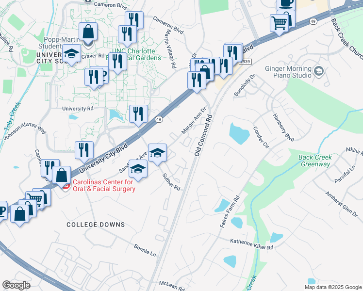 map of restaurants, bars, coffee shops, grocery stores, and more near 9619 Vinca Crescent in Charlotte