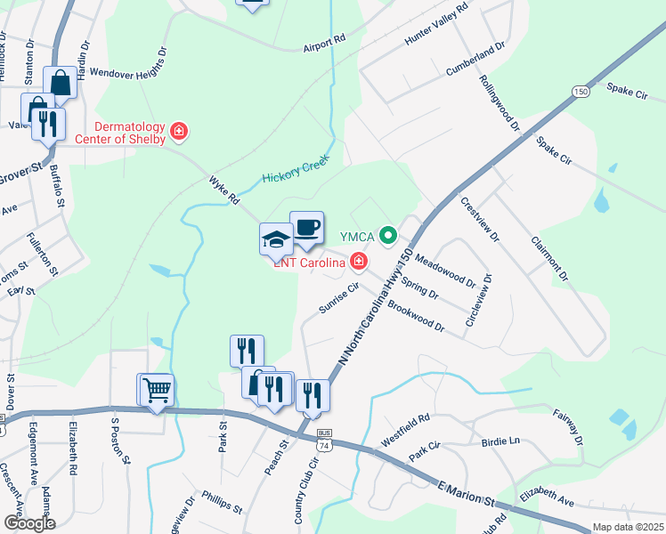 map of restaurants, bars, coffee shops, grocery stores, and more near 331 Sunrise Circle in Shelby