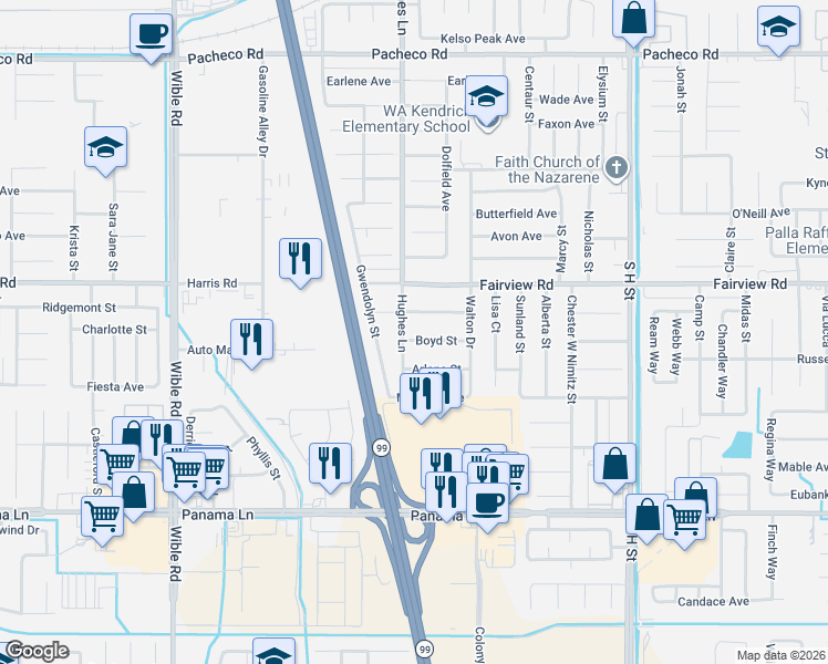 map of restaurants, bars, coffee shops, grocery stores, and more near 2416 Boyd Street in Bakersfield