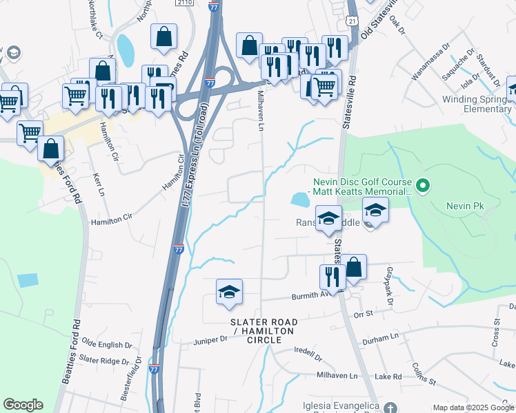 map of restaurants, bars, coffee shops, grocery stores, and more near 5933 Milhaven Lane in Charlotte