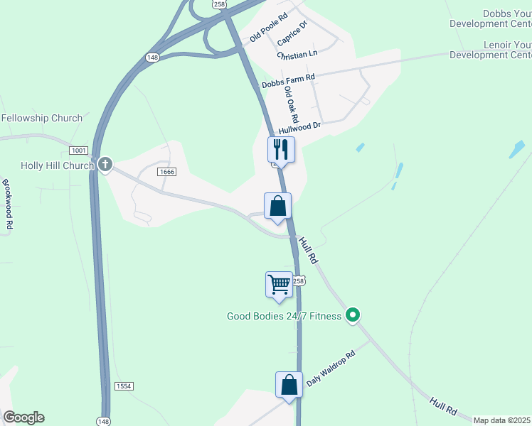 map of restaurants, bars, coffee shops, grocery stores, and more near 2053 Pauls Path Road in Kinston
