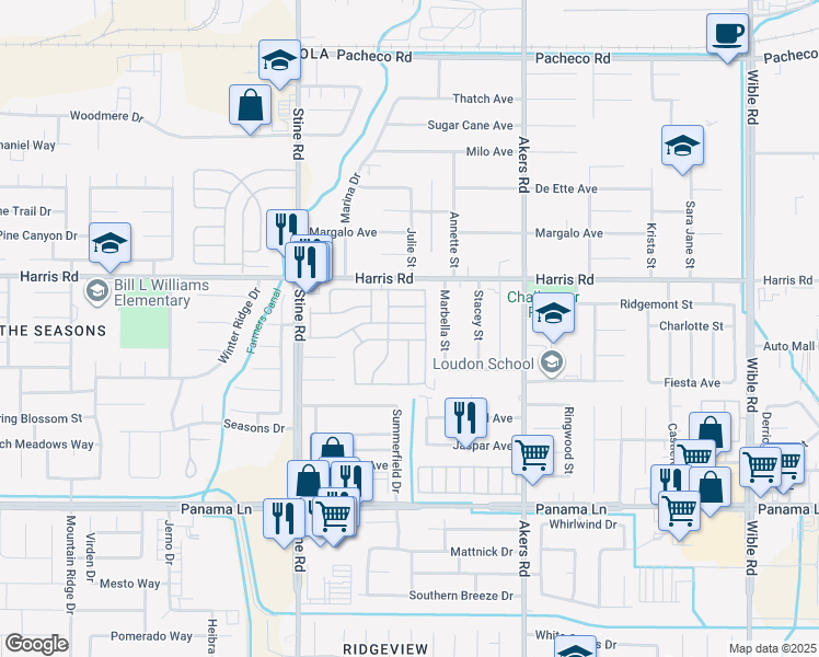 map of restaurants, bars, coffee shops, grocery stores, and more near 4501 Baybrook Way in Bakersfield