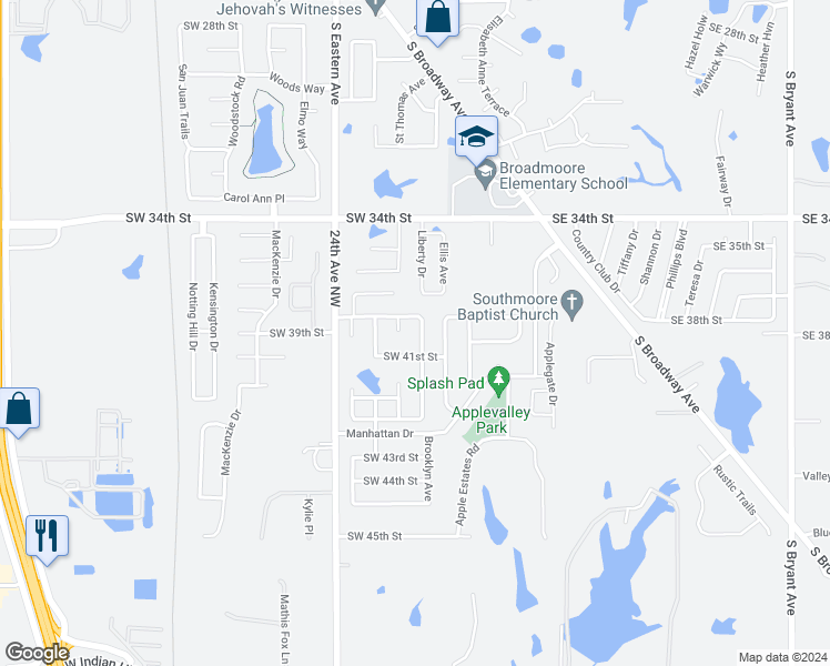 map of restaurants, bars, coffee shops, grocery stores, and more near 4009 Red Apple Terrace in Moore