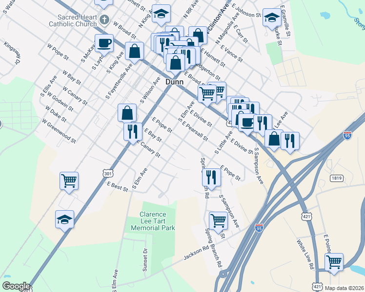 map of restaurants, bars, coffee shops, grocery stores, and more near 607 East Bay Street in Dunn