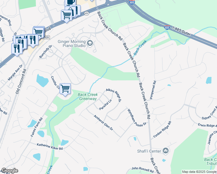 map of restaurants, bars, coffee shops, grocery stores, and more near 10311 Atkins Ridge Drive in Charlotte