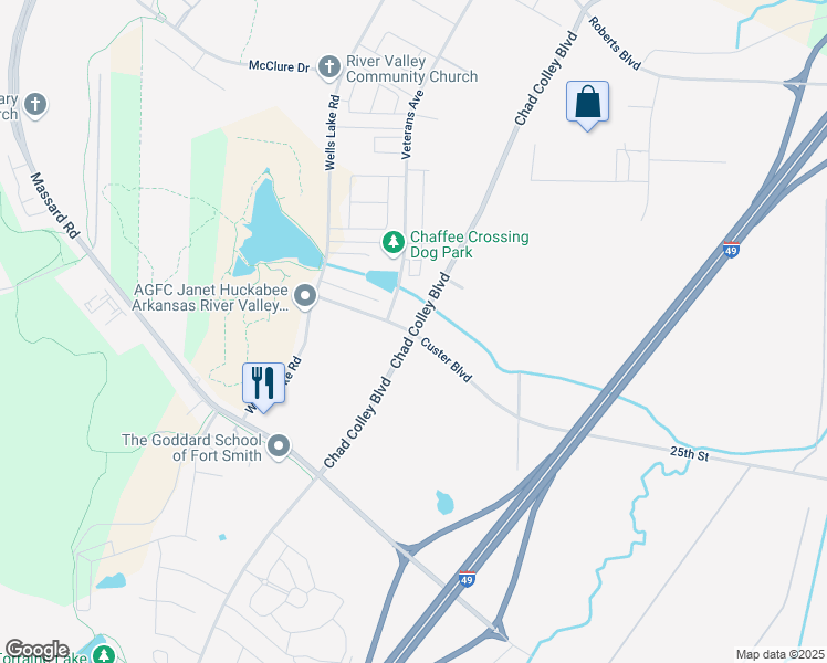map of restaurants, bars, coffee shops, grocery stores, and more near Chad Colley Boulevard in Fort Smith