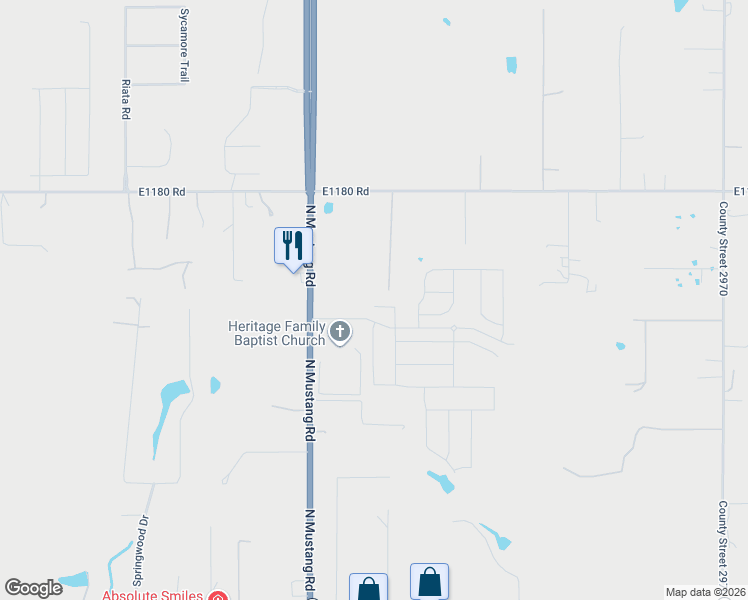 map of restaurants, bars, coffee shops, grocery stores, and more near 600 North Mustang Road in Tuttle