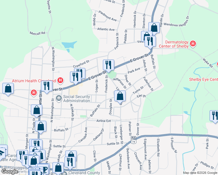 map of restaurants, bars, coffee shops, grocery stores, and more near 809 Craig Place in Shelby