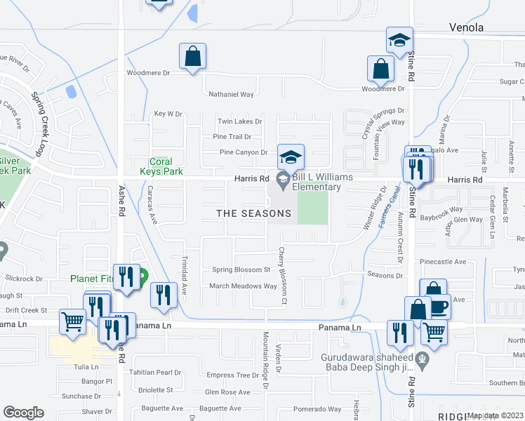 map of restaurants, bars, coffee shops, grocery stores, and more near 5703 Seasons Valley Court in Bakersfield