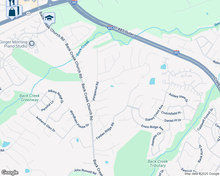 map of restaurants, bars, coffee shops, grocery stores, and more near 10444 Henbane Court in Charlotte