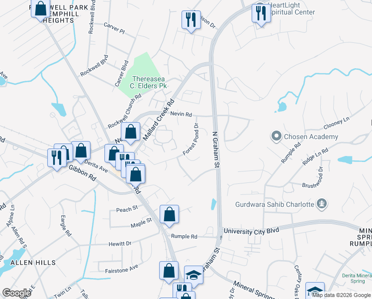 map of restaurants, bars, coffee shops, grocery stores, and more near 6314 Pink Dogwood Lane in Charlotte
