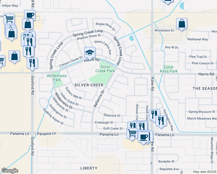 map of restaurants, bars, coffee shops, grocery stores, and more near 7010 Raven Pass Street in Bakersfield