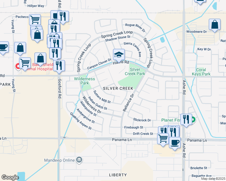 map of restaurants, bars, coffee shops, grocery stores, and more near 6101 Kettlerock Mountain Court in Bakersfield