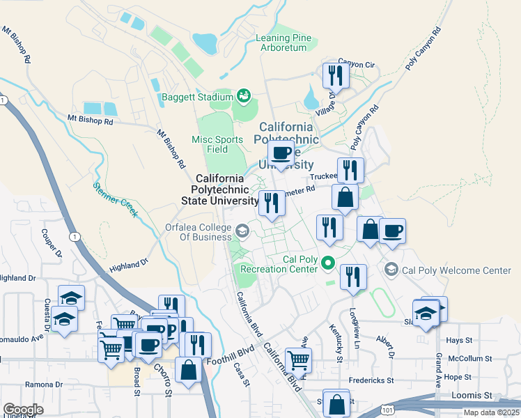 map of restaurants, bars, coffee shops, grocery stores, and more near in San Luis Obispo