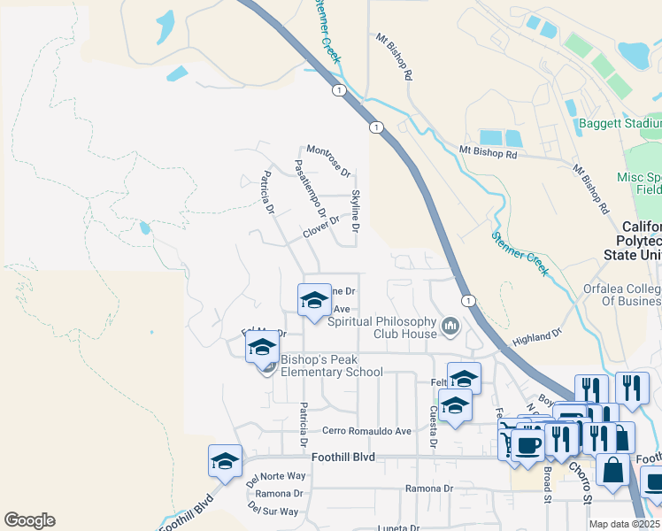 map of restaurants, bars, coffee shops, grocery stores, and more near 230 Marlene Drive in San Luis Obispo