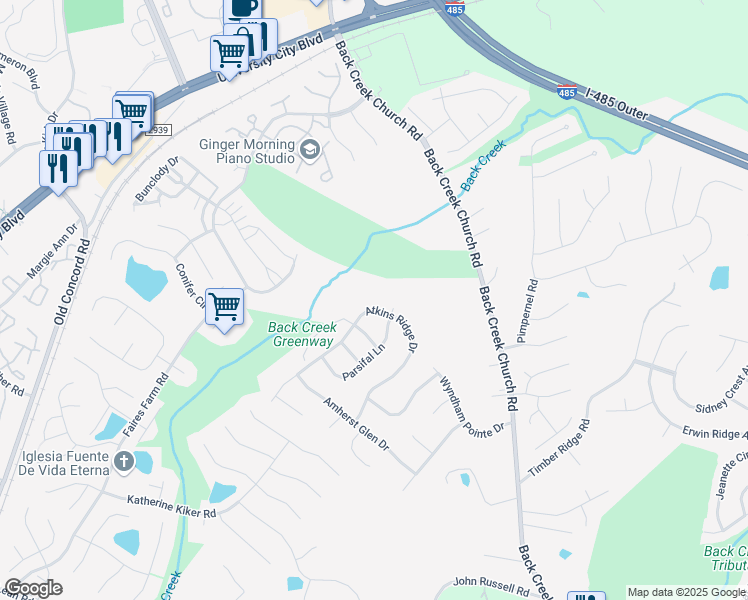 map of restaurants, bars, coffee shops, grocery stores, and more near 10311 Atkins Ridge Drive in Charlotte
