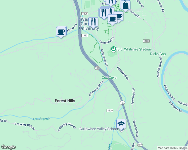 map of restaurants, bars, coffee shops, grocery stores, and more near 55 Alta View Drive in Cullowhee