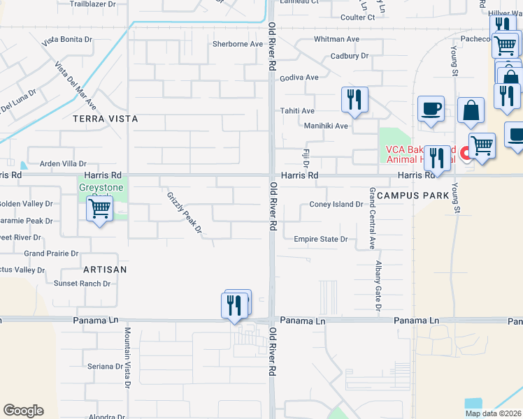 map of restaurants, bars, coffee shops, grocery stores, and more near 9707 Metropolitan Way in Bakersfield