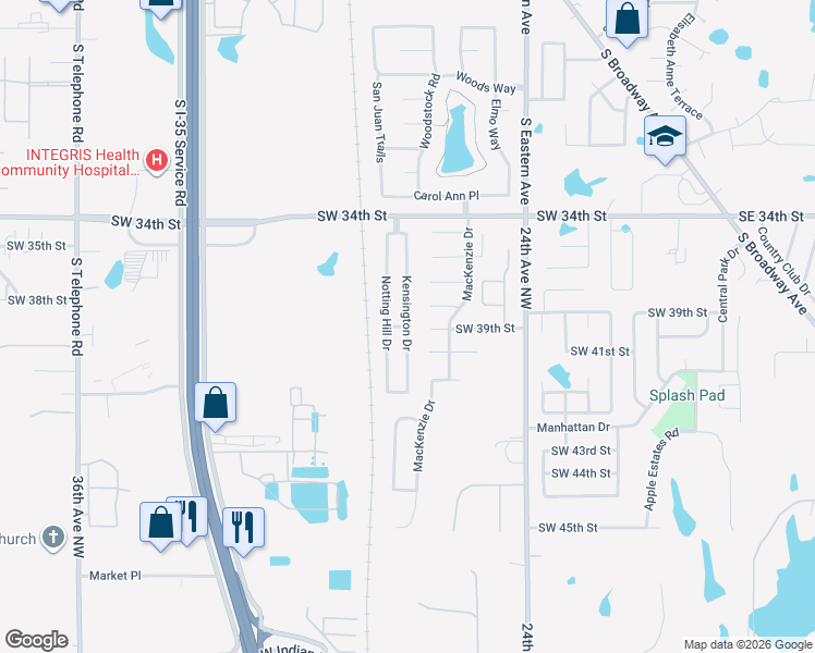 map of restaurants, bars, coffee shops, grocery stores, and more near Kensington Drive in Oklahoma City
