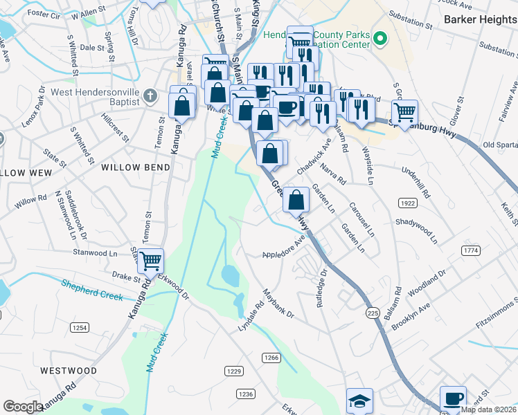 map of restaurants, bars, coffee shops, grocery stores, and more near 300 Chadwick Square Court in Hendersonville