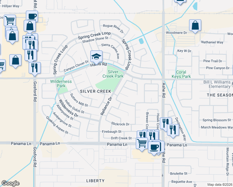 map of restaurants, bars, coffee shops, grocery stores, and more near 5825 Sky Lakes Avenue in Bakersfield