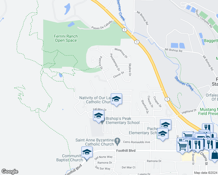 map of restaurants, bars, coffee shops, grocery stores, and more near 668 Patricia Drive in San Luis Obispo