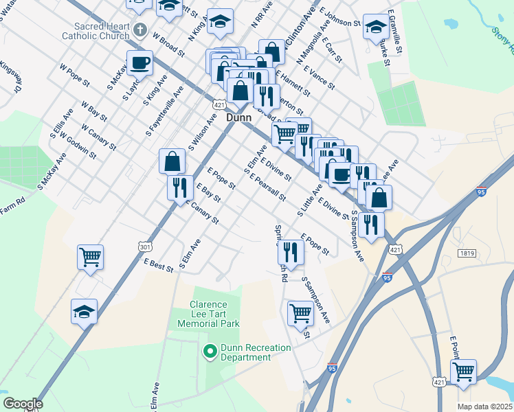 map of restaurants, bars, coffee shops, grocery stores, and more near East Pope Street in Dunn