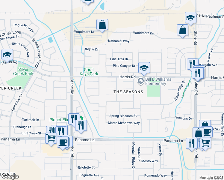 map of restaurants, bars, coffee shops, grocery stores, and more near 5911 Verdant Hills Court in Bakersfield