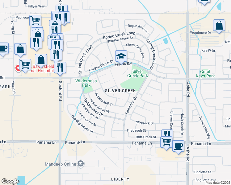 map of restaurants, bars, coffee shops, grocery stores, and more near 7412 Chinese Mountain Way in Bakersfield