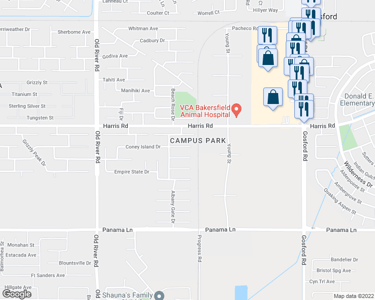 map of restaurants, bars, coffee shops, grocery stores, and more near 8915 Coney Island Drive in Bakersfield