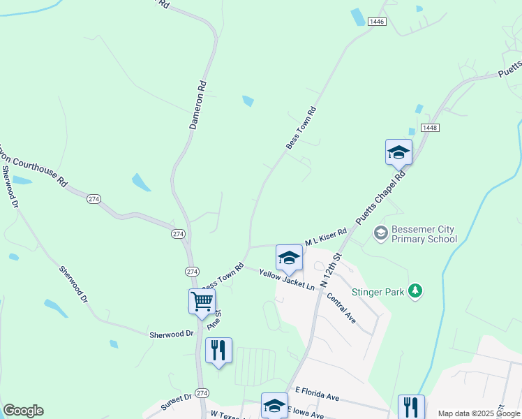 map of restaurants, bars, coffee shops, grocery stores, and more near 439 Bess Town Road in Bessemer City