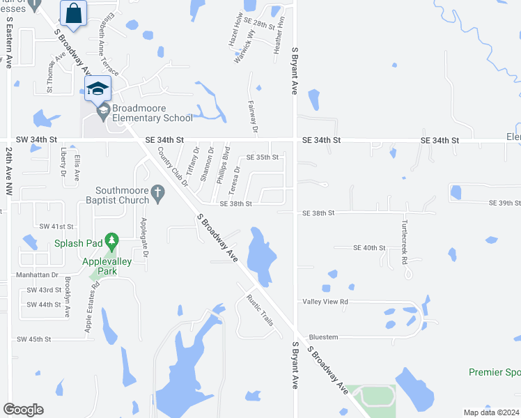 map of restaurants, bars, coffee shops, grocery stores, and more near 832 Southeast 38th Street in Moore