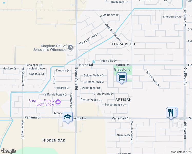 map of restaurants, bars, coffee shops, grocery stores, and more near 10905 Rancho Cordova Street in Bakersfield