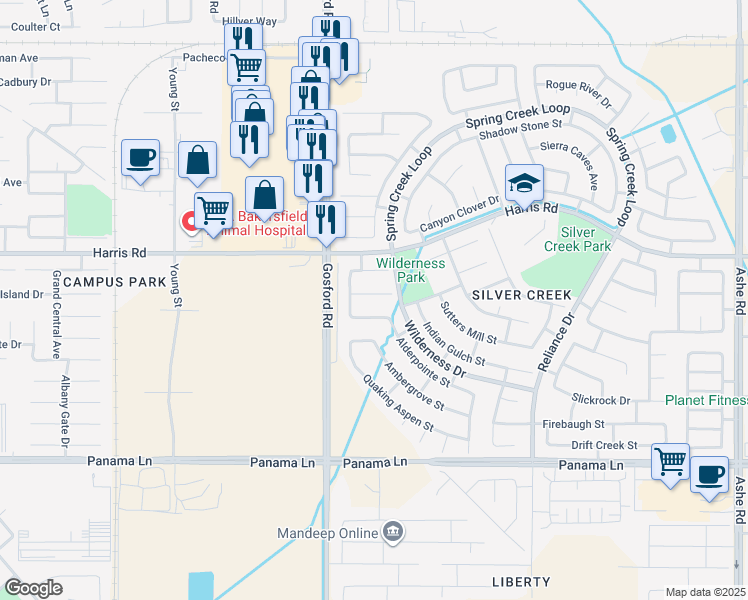 map of restaurants, bars, coffee shops, grocery stores, and more near 7901 Walnut Grove Court in Bakersfield