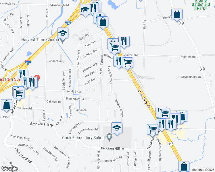map of restaurants, bars, coffee shops, grocery stores, and more near 8700 South 36th Terrace in Fort Smith