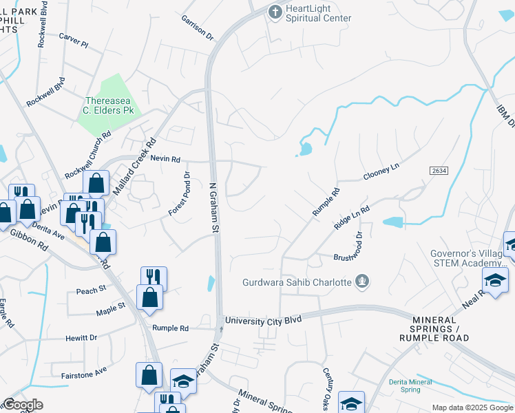 map of restaurants, bars, coffee shops, grocery stores, and more near 6025 Spanish Moss Lane in Charlotte