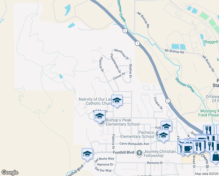 map of restaurants, bars, coffee shops, grocery stores, and more near 699 Patricia Drive in San Luis Obispo