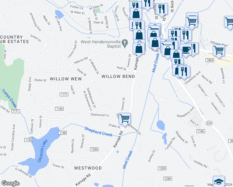map of restaurants, bars, coffee shops, grocery stores, and more near 1061 Mountain View Street in Hendersonville