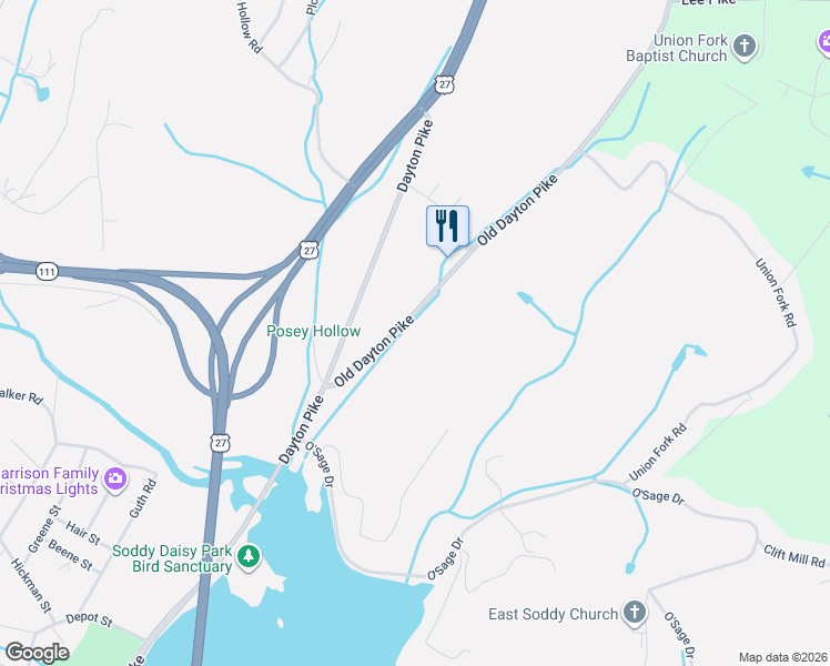 map of restaurants, bars, coffee shops, grocery stores, and more near 12021 Old Dayton Pike in Soddy-Daisy