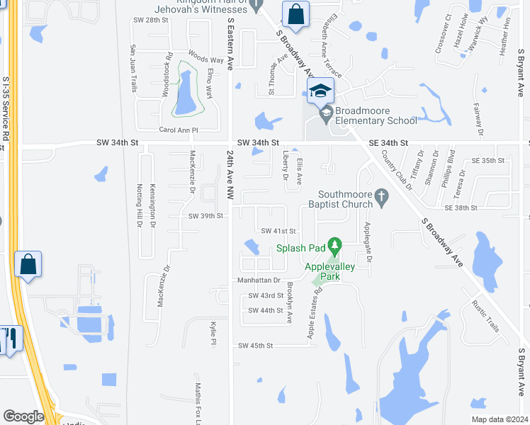 map of restaurants, bars, coffee shops, grocery stores, and more near 4005 Red Apple Circle in Moore