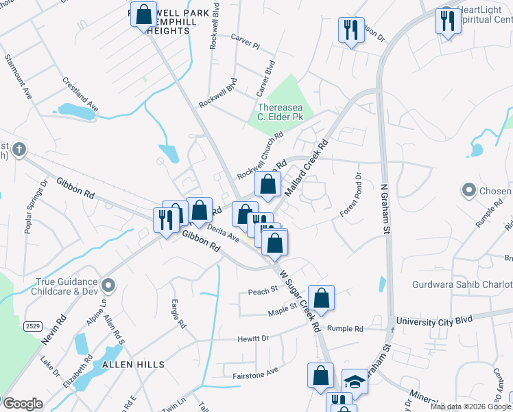 map of restaurants, bars, coffee shops, grocery stores, and more near 2812 West Sugar Creek Road in Charlotte