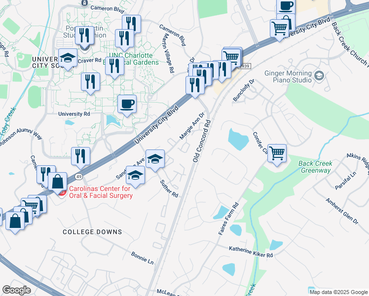 map of restaurants, bars, coffee shops, grocery stores, and more near 1620 Arlyn Circle in Charlotte