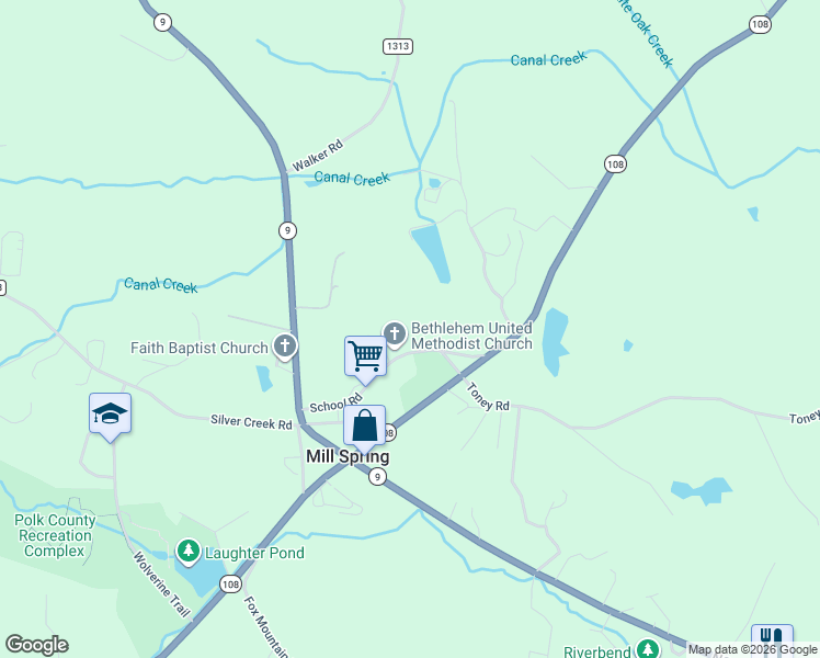 map of restaurants, bars, coffee shops, grocery stores, and more near 311 School Road in Mill Spring