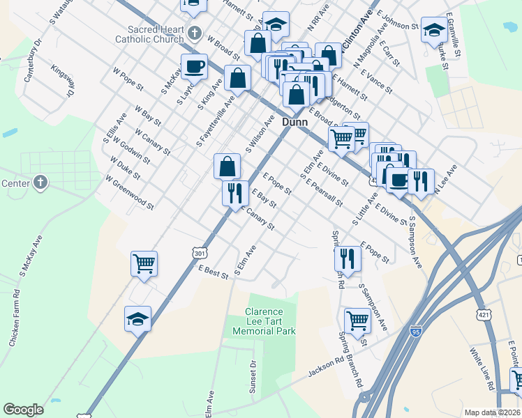 map of restaurants, bars, coffee shops, grocery stores, and more near 605 South Magnolia Avenue in Dunn