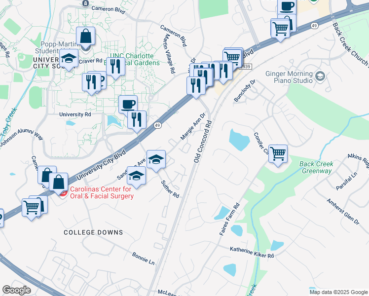 map of restaurants, bars, coffee shops, grocery stores, and more near 10009 Margie Ann Drive in Charlotte