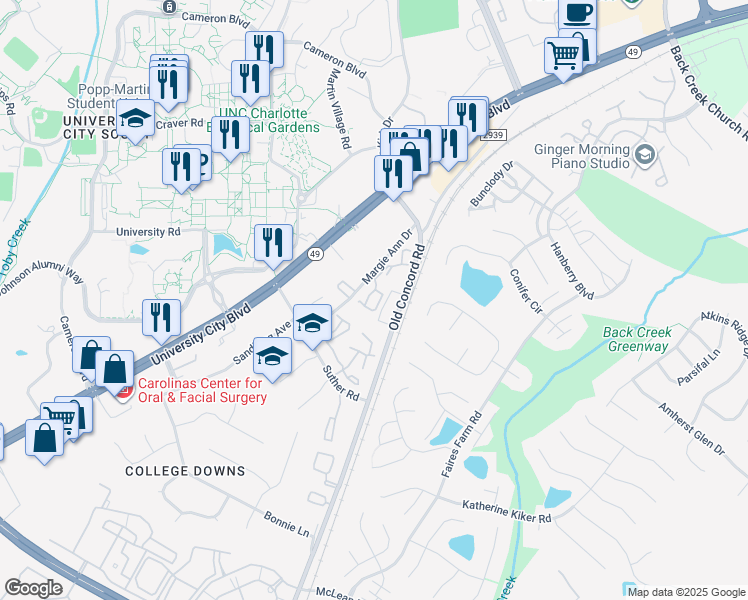 map of restaurants, bars, coffee shops, grocery stores, and more near 1620 Arlyn Circle in Charlotte