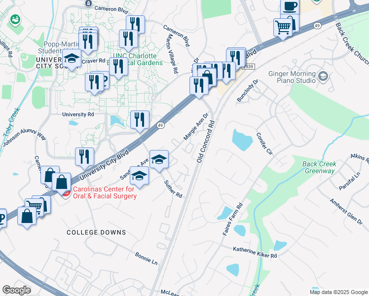 map of restaurants, bars, coffee shops, grocery stores, and more near 1600 Arlyn Circle in Charlotte