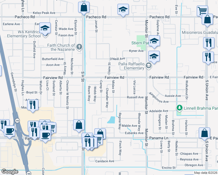 map of restaurants, bars, coffee shops, grocery stores, and more near 1308 Moreland Way in Bakersfield