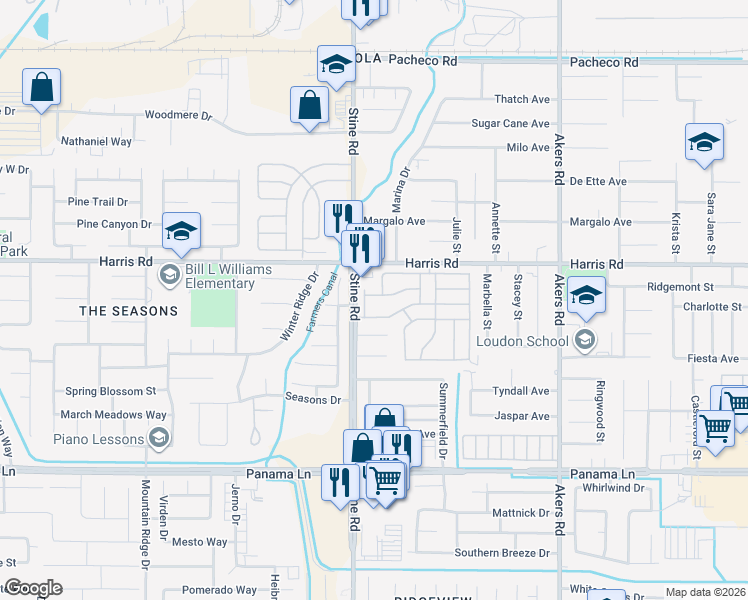 map of restaurants, bars, coffee shops, grocery stores, and more near 4809 Millbrook Way in Bakersfield