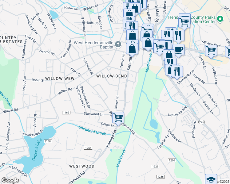 map of restaurants, bars, coffee shops, grocery stores, and more near 1007 Temon Street in Hendersonville